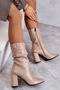 Skórzane Botki Na Obcasie Laura Messi 2560 Beżowe