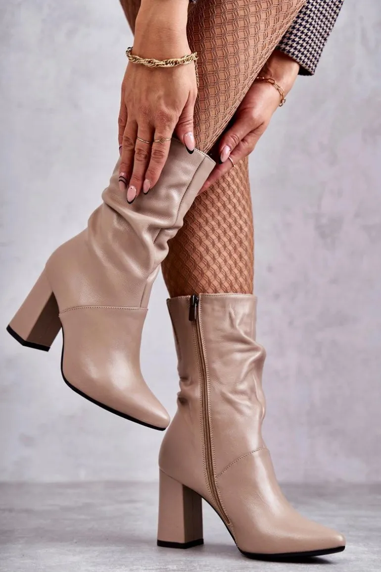 Skórzane Botki Na Obcasie Laura Messi 2560 Beżowe