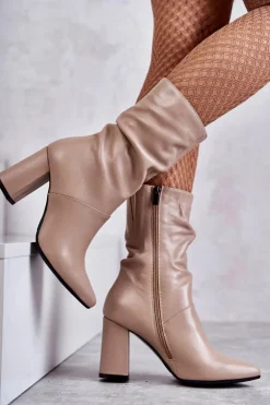 Skórzane Botki Na Obcasie Laura Messi 2560 Beżowe