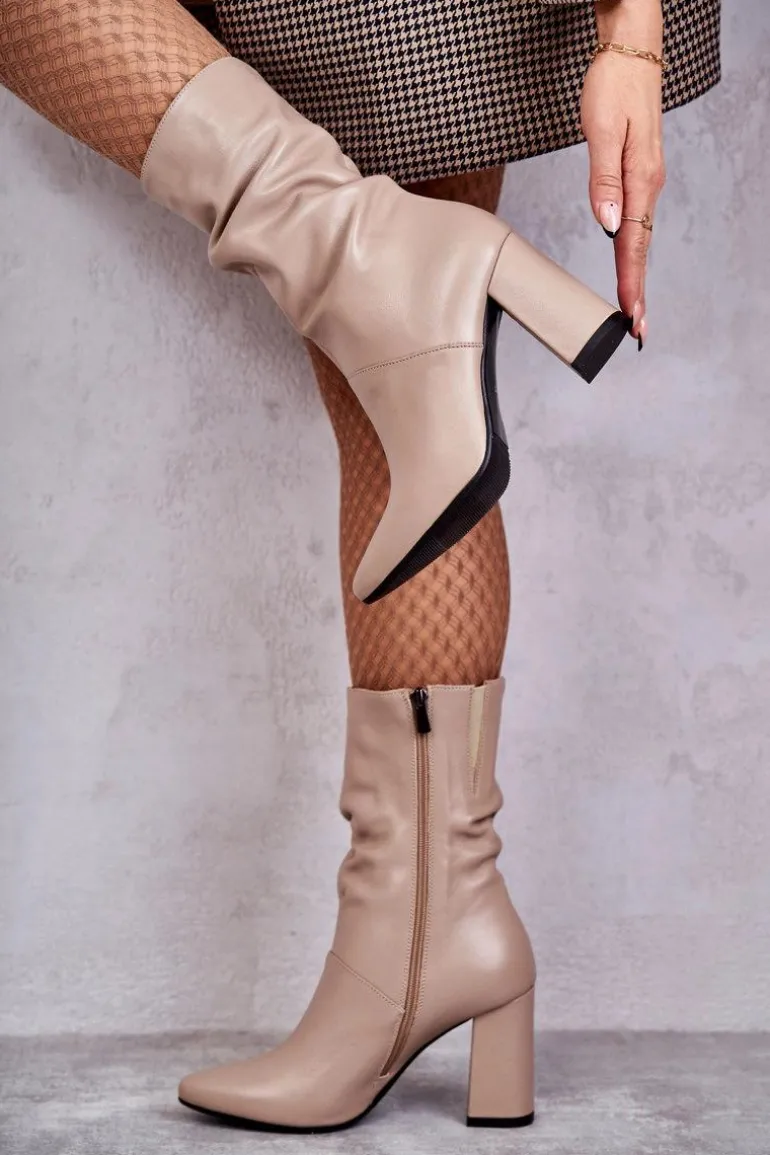 Skórzane Botki Na Obcasie Laura Messi 2560 Beżowe