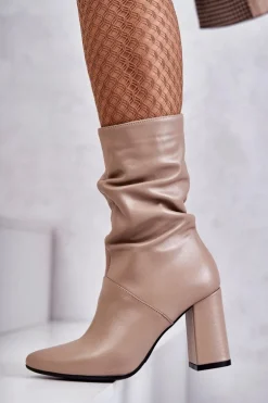 Skórzane Botki Na Obcasie Laura Messi 2560 Beżowe