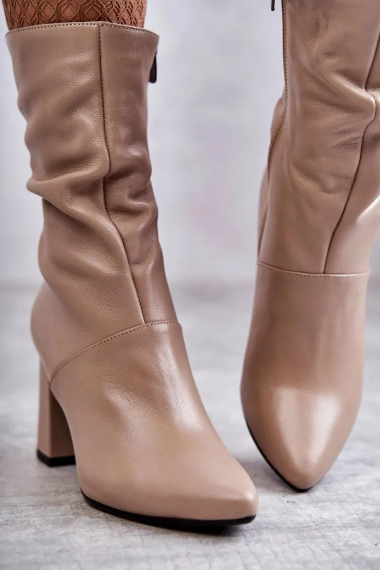 Skórzane Botki Na Obcasie Laura Messi 2560 Beżowe