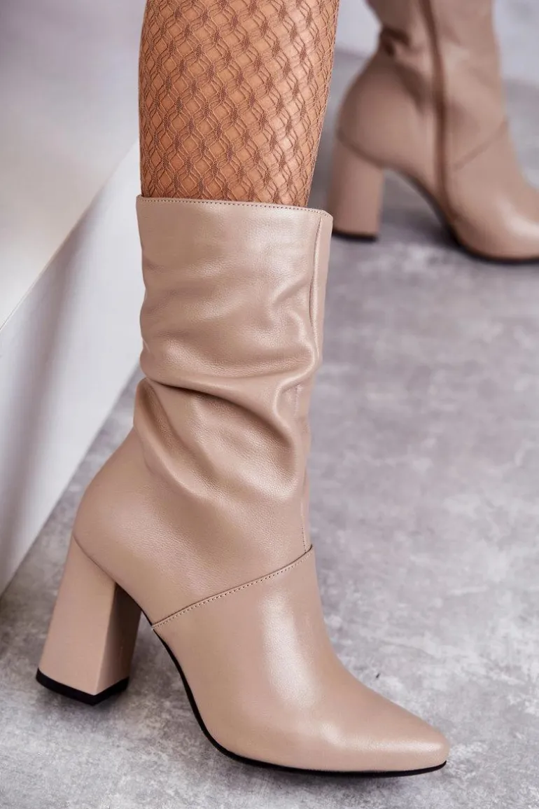 Skórzane Botki Na Obcasie Laura Messi 2560 Beżowe