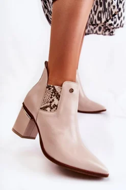 Skórzane Botki Na Obcasie Laura Messi 2506 Beżowe