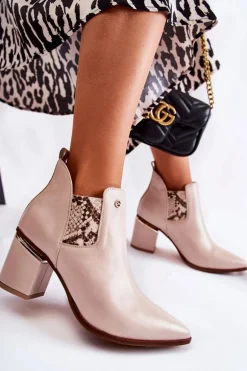 Skórzane Botki Na Obcasie Laura Messi 2506 Beżowe