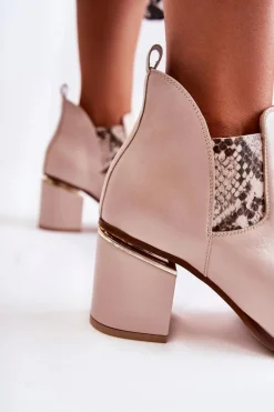 Skórzane Botki Na Obcasie Laura Messi 2506 Beżowe