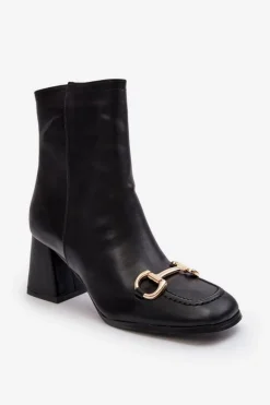 Skórzane Botki Na Obcasie Z Ozdobą Czarne Pamelinta