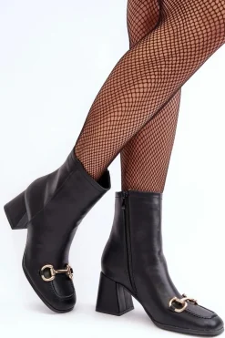 Skórzane Botki Na Obcasie Z Ozdobą Czarne Pamelinta