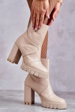 Skórzane Botki Na Obcasie Beżowe Elia