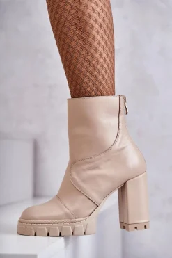 Skórzane Botki Na Obcasie Beżowe Elia