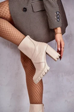 Skórzane Botki Na Obcasie Beżowe Elia