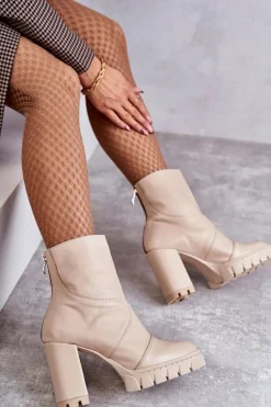 Skórzane Botki Na Obcasie Beżowe Elia