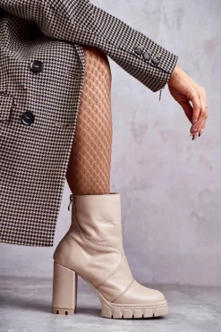 Skórzane Botki Na Obcasie Beżowe Elia