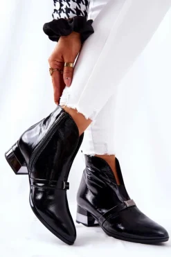 Skórzane Botki Na Obcasie Laura Messi Czarne 2268