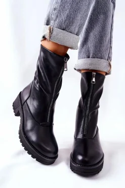 Skórzane Botki Na Obcasie Czarne Challonte