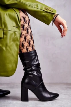 Skórzane Botki Na Obcasie Laura Messi 2560 Czarne