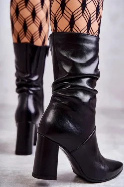 Skórzane Botki Na Obcasie Laura Messi 2560 Czarne