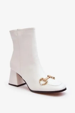 Skórzane Botki Na Obcasie Z Ozdobą Białe Pamelinta