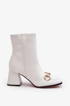 Skórzane Botki Na Obcasie Z Ozdobą Białe Pamelinta