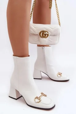 Skórzane Botki Na Obcasie Z Ozdobą Białe Pamelinta