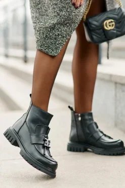 Skórzane Botki Na Płaskim Obcasie Z Ozdobą Ocieplane Czarne Asperra
