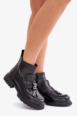 Skórzane Botki Na Płaskim Obcasie Z Ozdobą Ocieplane Czarne Asperra