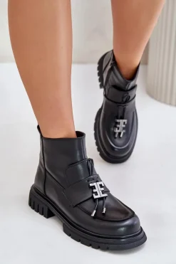 Skórzane Botki Na Płaskim Obcasie Z Ozdobą Ocieplane Czarne Asperra