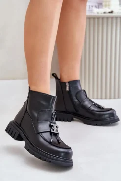 Skórzane Botki Na Płaskim Obcasie Z Ozdobą Ocieplane Czarne Asperra