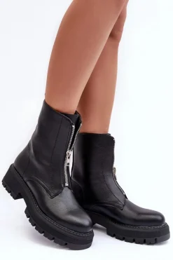 Skórzane Botki Na Płaskim Obcasie Z Suwakiem Czarne Vimal