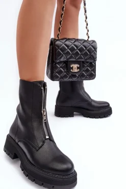 Skórzane Botki Na Płaskim Obcasie Z Suwakiem Czarne Vimal