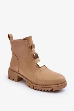 Skórzane Botki Na Płaskim Obcasie Beżowe Azulenn