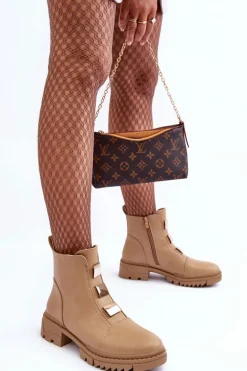 Skórzane Botki Na Płaskim Obcasie Beżowe Azulenn