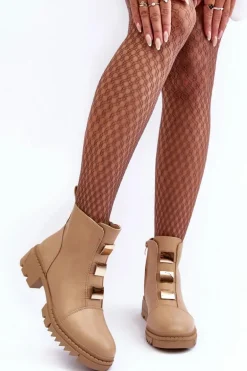 Skórzane Botki Na Płaskim Obcasie Beżowe Azulenn