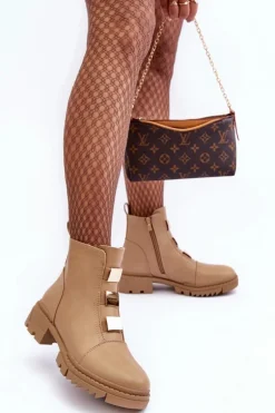 Skórzane Botki Na Płaskim Obcasie Beżowe Azulenn