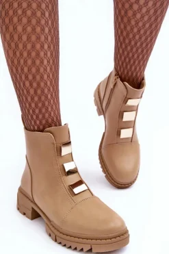 Skórzane Botki Na Płaskim Obcasie Beżowe Azulenn