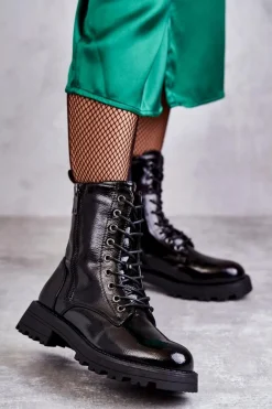 Skórzane Botki Na Płaskim Obcasie Czarne Estela