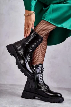 Skórzane Botki Na Płaskim Obcasie Czarne Estela