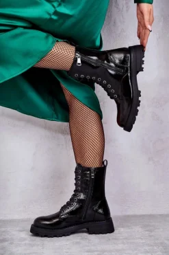 Skórzane Botki Na Płaskim Obcasie Czarne Estela