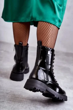 Skórzane Botki Na Płaskim Obcasie Czarne Estela