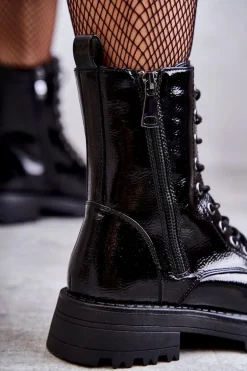 Skórzane Botki Na Płaskim Obcasie Czarne Estela