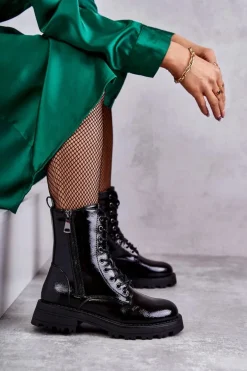 Skórzane Botki Na Płaskim Obcasie Czarne Estela