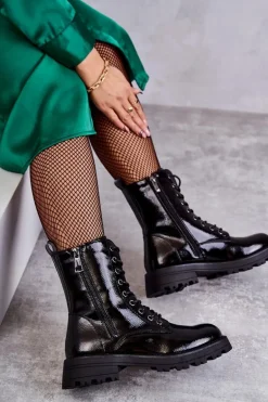 Skórzane Botki Na Płaskim Obcasie Czarne Estela