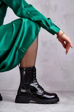 Skórzane Botki Na Płaskim Obcasie Czarne Estela