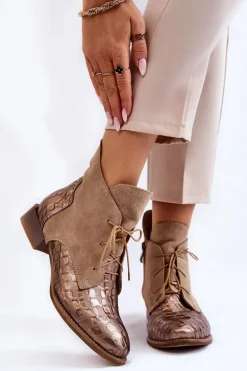 Skórzane Botki Na Płaskim Obcasie Maciejka 2878J-04 Beżowe