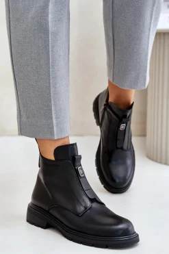 Skórzane Botki Na Płaskim Obcasie Ocieplane Czarne Komisa