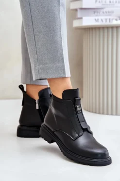 Skórzane Botki Na Płaskim Obcasie Ocieplane Czarne Komisa