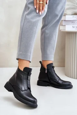 Skórzane Botki Na Płaskim Obcasie Ocieplane Czarne Komisa