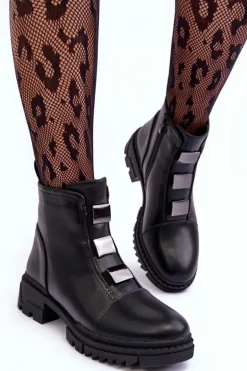 Skórzane Botki Na Płaskim Obcasie Czarne Azulenn