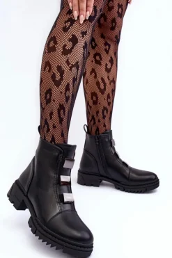 Skórzane Botki Na Płaskim Obcasie Czarne Azulenn