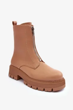 Skórzane Botki Na Płaskim Obcasie Z Suwakiem Camel Vimal